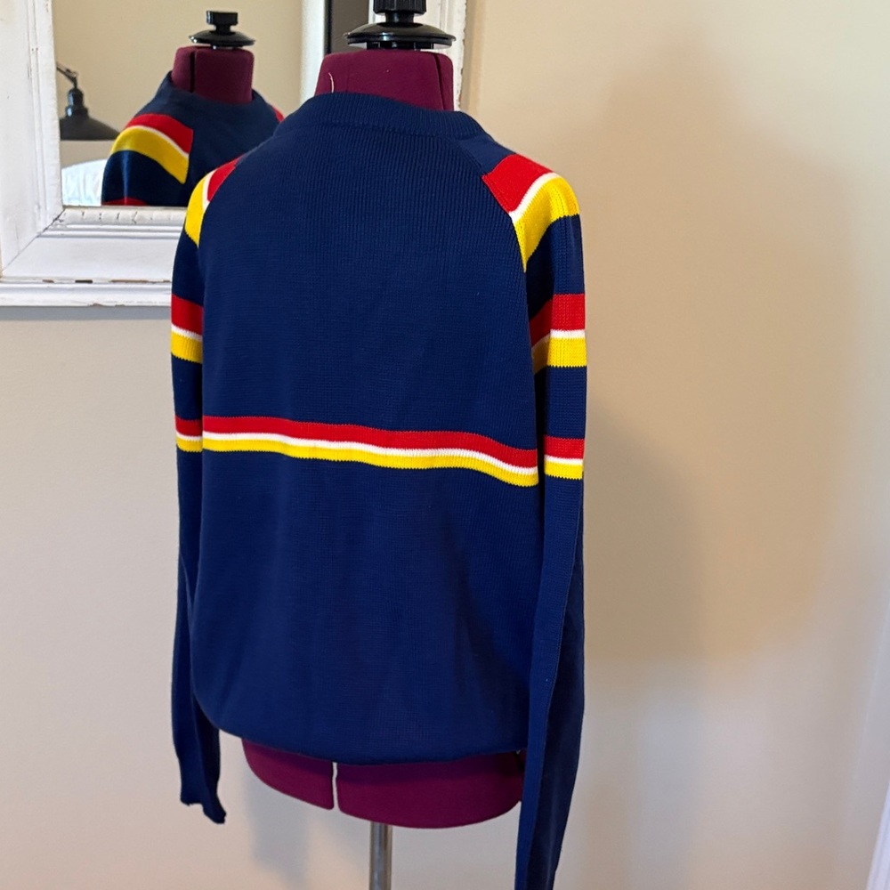 Men's Navy Ski Sweater with Red and Yellow Stripes Vintage perfect! M. - Picture 6 of 7